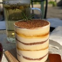 rooftop seating/ layered soy yogurt topped with chia seeds.  at Cafe Jeju 901 in Jeju