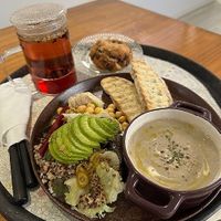 Set A with additional PB chocolate chip scone. Generous avocado on salad and delicious mushroom soup.  at Cafe Jeju 901 in Jeju