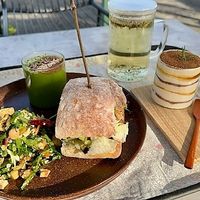 Set B meal with green smoothie and tea. Also pictured: Soy Yogurt. 100%, bread is not GF (fresh baked ciabatta). at Cafe Jeju 901 in Jeju