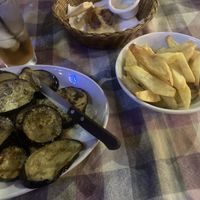 Grilled aubergines, came with chips  at Laterna Taverna in Paphos