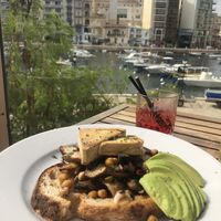 Tofu, garlic mushrooms, chickpeas and avocado on toast for breakfast!  at Two Buoys Bistro in St Julians