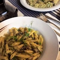 Mushroom Penne with cashew cream and Saffron Risotto  at Two Buoys Bistro in St Julians