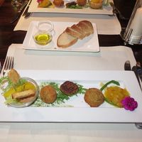 Starter: Hummus from chickpeas, falafel, pea croquette, chutney, with bread and olive oil. (2015) at Het Stadhuis in Oostburg