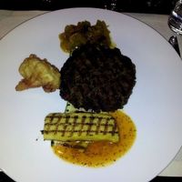 burger of zucchini, kidneybeans and onion, grilled zucchini, chutney of zucchini, tempura cauliflower and grilled polenta (2013) at Het Stadhuis in Oostburg