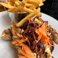  Korean Vegan Fried Chicken - Chili spiced seitan, Korean BBQ sauce - chips, kimchi slaw, sesame & spring onion  at Home in Manchester