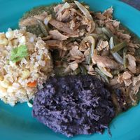 the pozole soya, with a green sauce, black beans and rice - rico at Soy Salud in Guerrero Negro