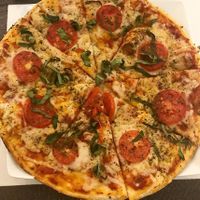 Delicious vegan pizza with vegan mozzarella cheese.  at Prana Restaurante in La Paz