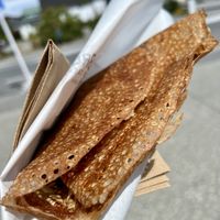 "Snickers" crepe. Made with peanut butter, chocolate chips, caramel and almonds.   at Charlie Brown's Crepes - Food Trailer in Wanaka