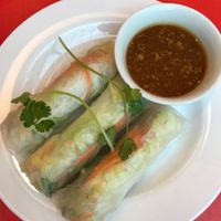 meatless veggie rice nudles rolls, peanut sauce at Pho in Bratislava