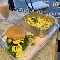 Mac daddy burger with cheese fries at Happy Friday Kitchen  in Oxford