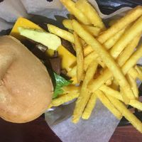 Soy patty burger with fries. Drool. at Happy Friday Kitchen  in Oxford