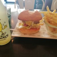 Happy Friday classic seitan burger with fries.  at Happy Friday Kitchen  in Oxford