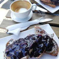 French toast with blueberries + black coffee.  at Happy Friday Kitchen  in Oxford