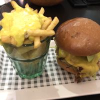 North Carolina burger and cheese fries  at Happy Friday Kitchen  in Oxford