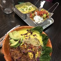 Mexican bowl (front) and Mac n cheese and nachos  at Happy Friday Kitchen  in Oxford