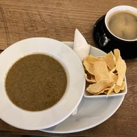 My yummy chestnut mushroom soup and lentil crisps plus black coffee x heaven at Bean Social in Durham