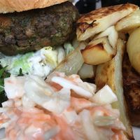Pesto Burger with wedges, slaw and salad  at Bean Social in Durham