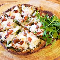 Vegan caprese pizza. Yucca crust. Yum. at Santa Fe Oxygen and Healing Bar Apothecary in Santa Fe