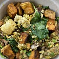 Tofu scramble breakfast with sweet potatoes and vegan sausage at Fitfuel Cafe in Canton