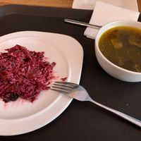 Mushroom soup and beetroot with prune and nuts  at Troitskiy Most - Kuybysheva in St Petersburg