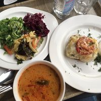 3 salads, potato and tom yum at Troitskiy Most - Kuybysheva in St Petersburg