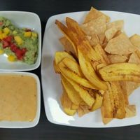 plantain chips, vegan queso and guacamole at 5 Elementos in West Hollywood