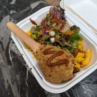 Vegan mac and cheese with a king oyster mushroom drumstick at My Goodness in Cork