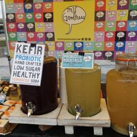 Water kefir at the (my goodness blackrock market stall. ) made with filtered rain water. Flavoured with hibiscus, mint lime cucumber, lemon ginger and orange.  at My Goodness in Cork