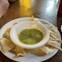 Tortilla chips with green salsa !  at Trece Lunas in Monterrey