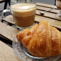 Croissant and Latte at Aujourd'hui Demain Cafe in Paris