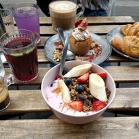 Granola Bowl, vegan croissants and a fig creme muffin. at Aujourd'hui Demain Cafe in Paris