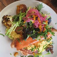 Brunch (pancakes, beyond meat, scrambled tofu, potatoes, mushrooms...) at Aujourd'hui Demain Cafe in Paris