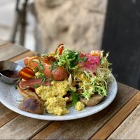 (English style) Breakfast pancakes   at Aujourd'hui Demain Cafe in Paris