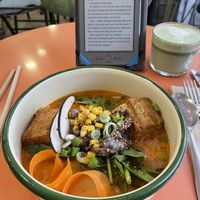 Ramen and matcha latte   at Aujourd'hui Demain Cafe in Paris