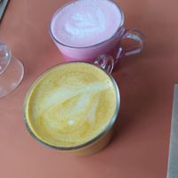 Golden and Pink Latte. Golden was on a mission to end all human life on Earth (very spicy) at Aujourd'hui Demain Cafe in Paris