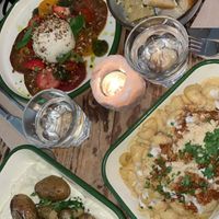 Chorizo Mac, potatoes, garlic bread, caprese salad   at Aujourd'hui Demain Cafe in Paris