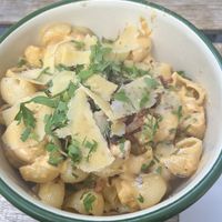 Macaroni n cheese carbonara  at Aujourd'hui Demain Cafe in Paris