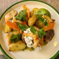 Fish and peas and shrimpz at Aujourd'hui Demain Cafe in Paris