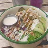 Season bowl and ultraviolet drink at Aujourd'hui Demain Cafe in Paris