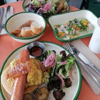 Breakfast Pancakes, Cali Burger, Ceviche Mango at Aujourd'hui Demain Cafe in Paris