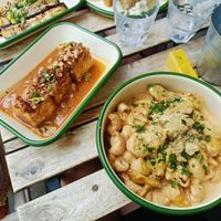 Aubergine, tofu skewer , mac n cheese sweet chiky large at Aujourd'hui Demain Cafe in Paris