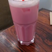 Pink latte at Aujourd'hui Demain Cafe in Paris