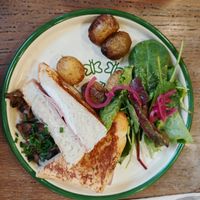 croque monsieur forever: homemade brioche bread, Quebec no-cheese, LaVIE no-jambon, no-creamcheese, béchamel, caramelized onions, chives at Aujourd'hui Demain Cafe in Paris