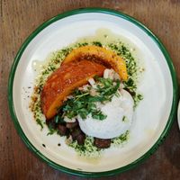 Fungi Fall No-Mozza :
homemade no-mozza, oyster mushroom and button mushroom poelés, roasted pumpkin, oyster mushroom pickles, green herb oil, dukkah at Aujourd'hui Demain Cafe in Paris