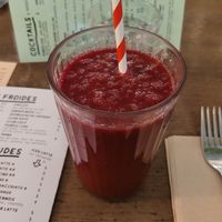 Red smoothy with red beets and berries at Aujourd'hui Demain Cafe in Paris