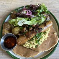Breakfast pancakes  at Aujourd'hui Demain Cafe in Paris
