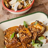 Tofu satay and gluten free pasta at Aujourd'hui Demain Cafe in Paris