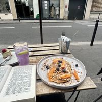 Pancakes, cake & lemonade  at Aujourd'hui Demain Cafe in Paris