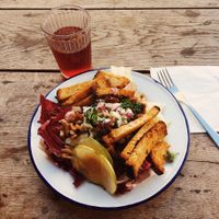 New summer (and huge) salad with blue cheese, delicious! at Aujourd'hui Demain Cafe in Paris