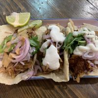 Trio of jackfruit carnitas with peanut sauce, lemon yogurt, and mayo (all vegan)! at Aujourd'hui Demain Cafe in Paris